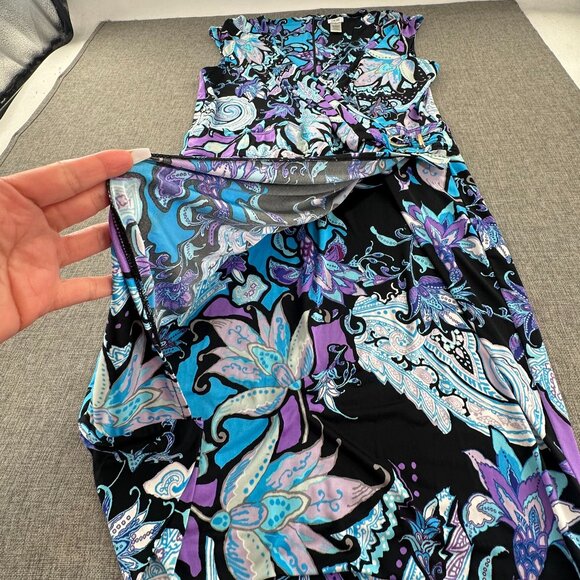 Cache Ruched Wrap Dress Sz 14 Knee Length Purple Blue Black Floral Paisley - Picture 4 of 10